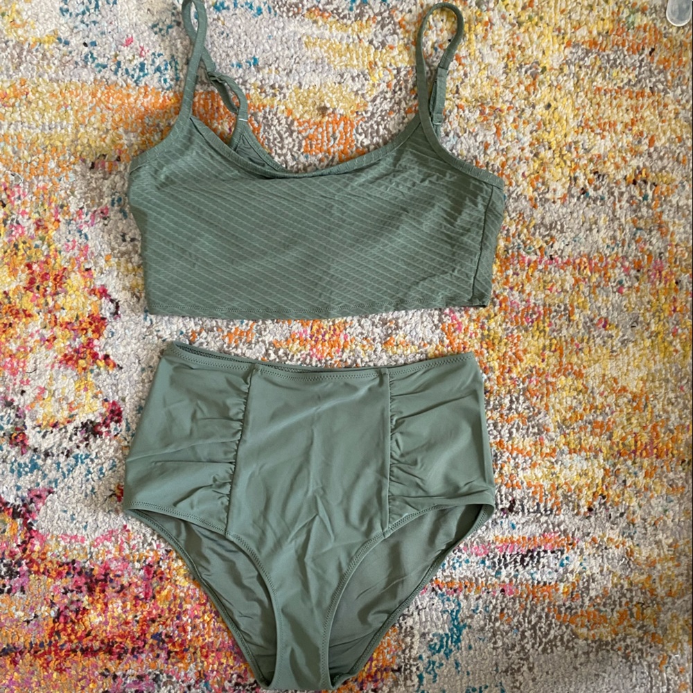 Aerie Olive Green High Waisted and Long Line Bikini Set